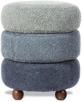 Glitzhome Round Ottoman with Storage, Small Foot Stool, Modern Accent Stool Upholstered Vanity Stool with Rubberwood Ball Feet for Bedroom Living Room Dorm Room, Gradient Blue