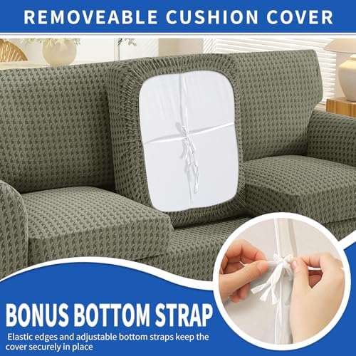 MAXIJIN 4 Pieces Stretch Couch Covers for 3 Cushion Sofa Pet Friendly Couch Cover for Dogs Washable Sofa Slipcovers Thick Soft Furniture Protector with Non Slip Strap (Army Green, 71"-91")
