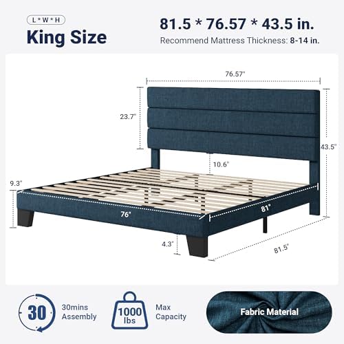 Allewie King Size Platform Bed Frame with Fabric Upholstered Headboard Blue