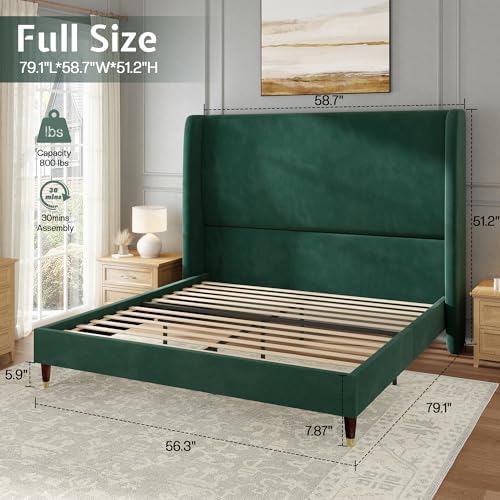 Jocisland Full Size Bed Frame Tall Wingback Headboard Upholstered, Green