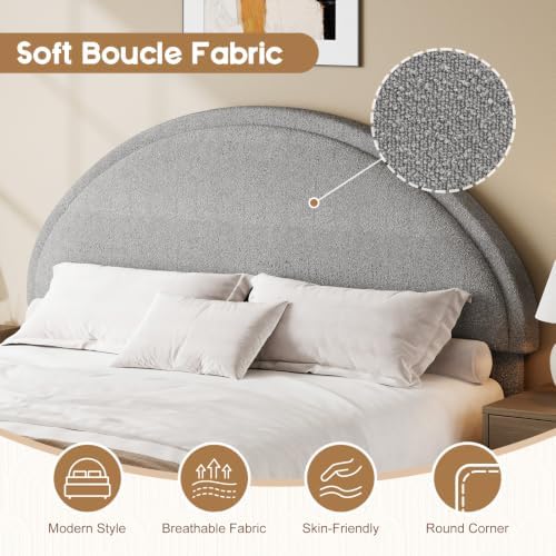 REVOMINCA Full Size Bed Frame, Upholstered Platform Bed with Headboard, Boucle Bed Frame with Round Corner, No Box Spring Required, Easy Assembly, Grey