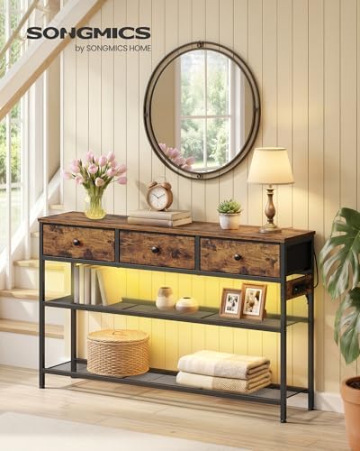 SONGMICS Console Table with Power Outlets and LED Lights, 3 Fabric Drawers