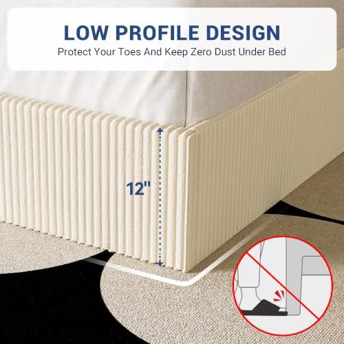 Allewie Queen Bed Frame, Adjustable Corduroy Headboard, Platform, Cream