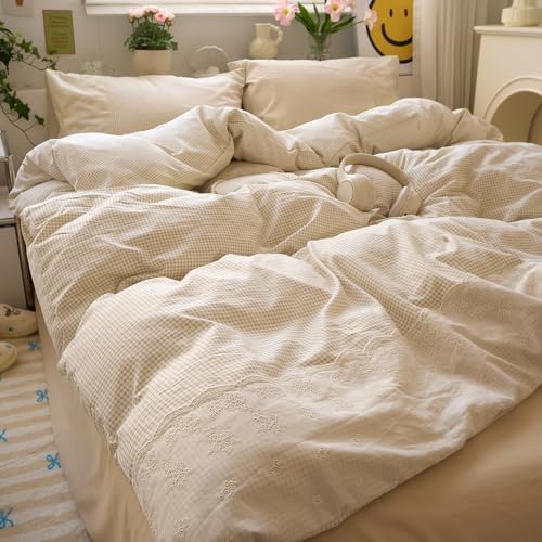 LifeTB Tan Gingham Duvet Cover Queen 3 Pieces Romantic Lace Duvet Cover Vintage Plaid Checkered Comforter Cover with 2 Pillowcases Soft Microfiber Beige Tan Grid Farmhouse Plaid Bedding Set