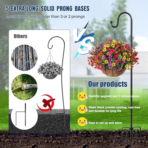 Ottsuls Shepherds Hooks with 5 Prongs Base for Outdoor - 92" Adjustable Bird Feeder Pole for Outside Hanging, Garden, Hummingbird Feeder, Plant Baskets, Solar Light Lanterns, Wedding Decor (1 Pack)