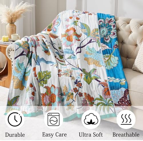 Boho Blanket Soft Muslin BohoThrow Blanket, 100% Cotton Floral Printed Farmhouse Decor All Season Reversible Rustic Throw for Sofa Couch Chair (60"x80")