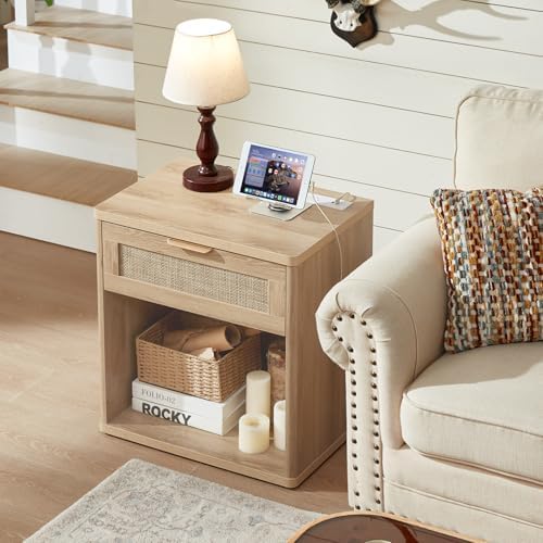 LEYAOYAO Rattan 23" Nightstands Set of 2 with Charger for Bedroom