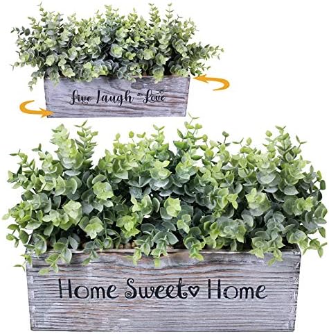 1 Pcs Wooden Potted Eucalyptus Plant Greenery Arrangement Artificial Eucalyptus Plant in Rectangular Wood Planter Box for Rustic Farmhouse Indoor Centerpiece Tabletop Window Sills Kitchen Shelf Decor