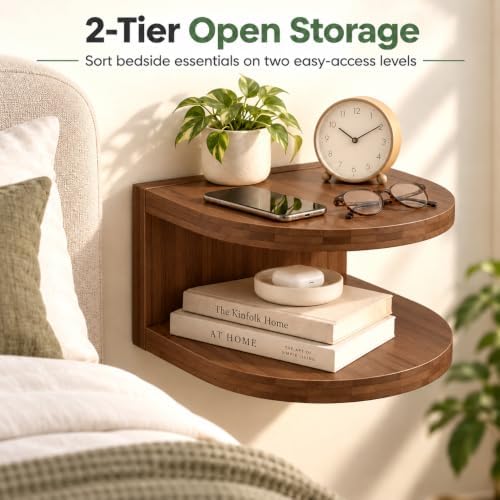 Bamboo Floating Wall Mounted Nightstand Wall Storage Shelf (1, Walnut)