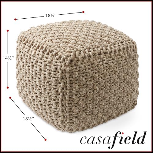 Casafield Square Pouf Ottoman, Beige Ivory - 18.5" W x 18.5" D x 14.5" H Cotton Knit Foot Stool - Boho Floor Pouffe for Living Room, Bedroom, Office