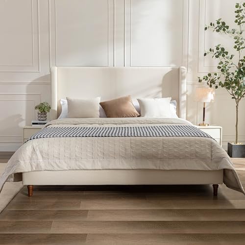 King 54" Tall Headboard Wingback Upholstered Bed Frame Ivory Boucle