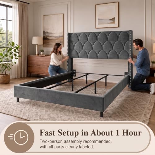 56.3" High Velvet Upholstered Wingback Headboard, King, Gray