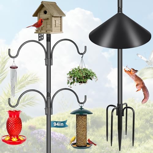 Gtongoko Smart Bird Feeder Pole Squirrel Proof 1-Inch Dia 94 Inch with 4 Shepherds Hooks Hanging Bluebird House Pole for Outdoors Squirrel Baffles for Feeders Metal Heavy Duty Mounting Kit