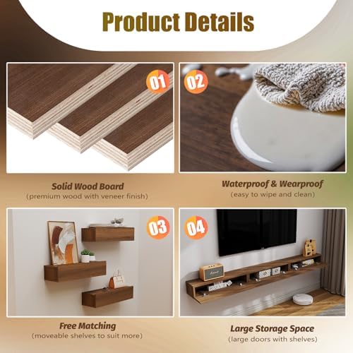 Floating Solid Wood Console Table, 71'' Wall Mounted Narrow Entryway Table with Storage Shelf, Modern Couch Shelves Small Entry Way Tables for Entryway, Front Hall, Hallway (Walnut, 70.86IN)