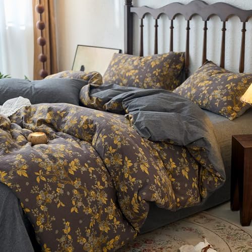 BuLuTu Jacquard Textured Muslin Duvet Cover Set King, Cottage Comforter Cover Yellow Floral, Ultra Soft Breathable Yarn-Dyed Cotton Quilt Cover with 2 Pillow Cases, 104"x90", All Seasons
