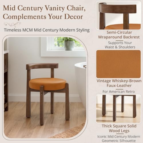 LUE BONA Wood Vanity Chair Stool with Back, Mid-Century Makeup Bench, Brown