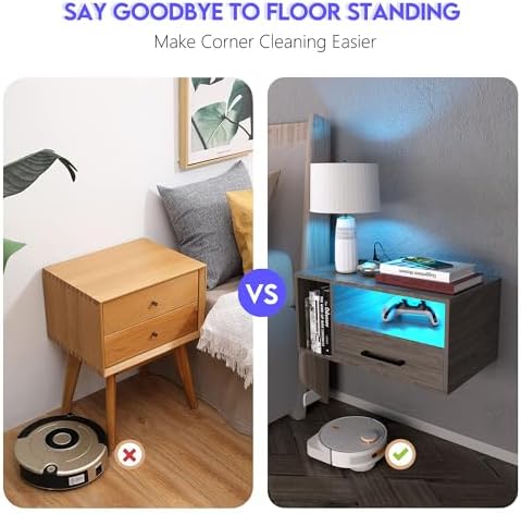 Homaterial Floating Nightstand with Lights, Grayish Brown