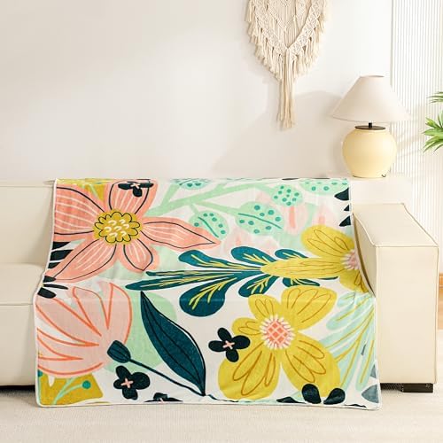 Tyrot Boho Floral Flannel Fleece Throw Blanket – Soft, Warm & Lightweight Fuzzy Blanket for Couch, Bed, or Sofa Decor, Cute Botanical Design for Men Women & Girls, 50''x60'', Pink Green