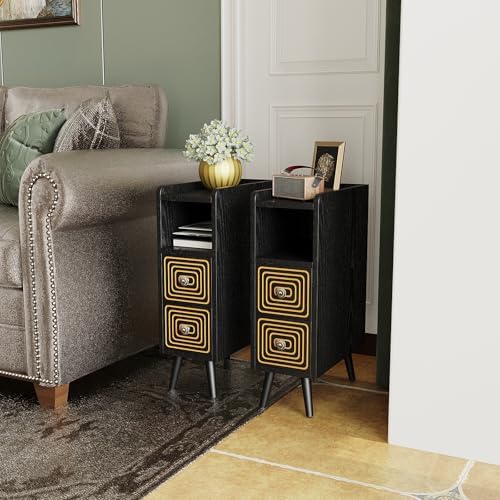 7.8" Narrow Nightstand Set of 2 with 2 Drawers & Open Storage,Black