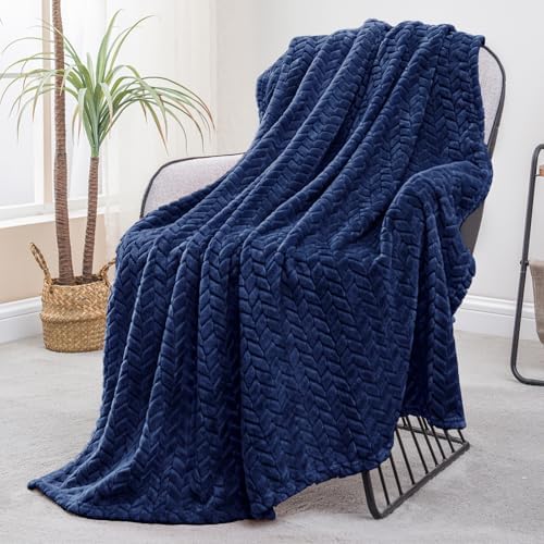Exclusivo Mezcla Fleece Throw Blanket for Couch Sofa, 50”x70”, Navy Blue