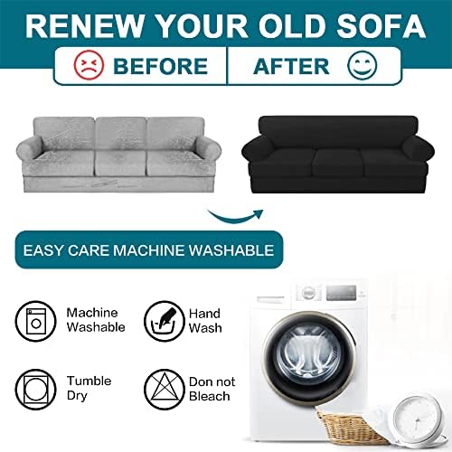 Turquoize 4 Piece T Cushion Sofa Slipcovers Stretch Couch Cover Furniture Covers with 3 Individual T Cushion Covers, Machine Washable (3 Cushion Sofa, Black)