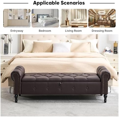 Storage Bench 67" Faux Leather End of Bed Benches Dark Brown
