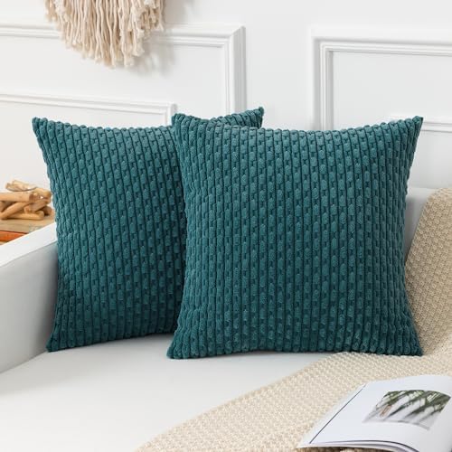 Kevin Textile Soft Corduroy 22x22 Inch Pillow Covers 2 Pack, Teal Blue