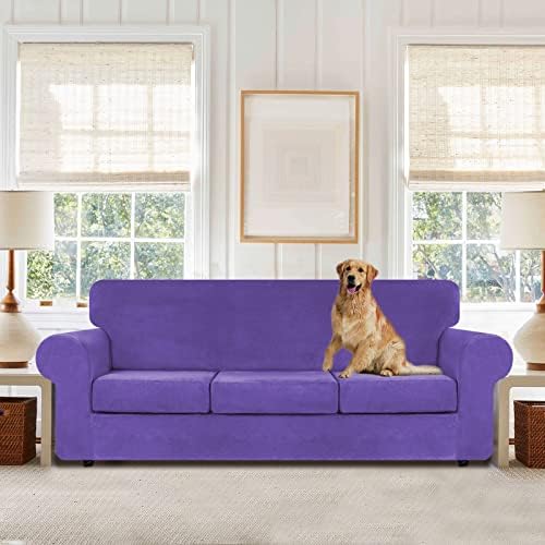 WEERRW 4 Pieces Couch Cover for Sofa Velvet Sofa Covers Washable, Purple