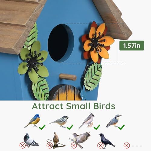 Wooden Bird Houses for Outside,Farmhouse Hanging Blue Birdhouse