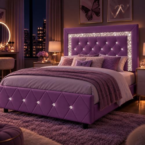 Twin Bed Frame,Faux Leather Upholstered Bed with Diamond Headboard