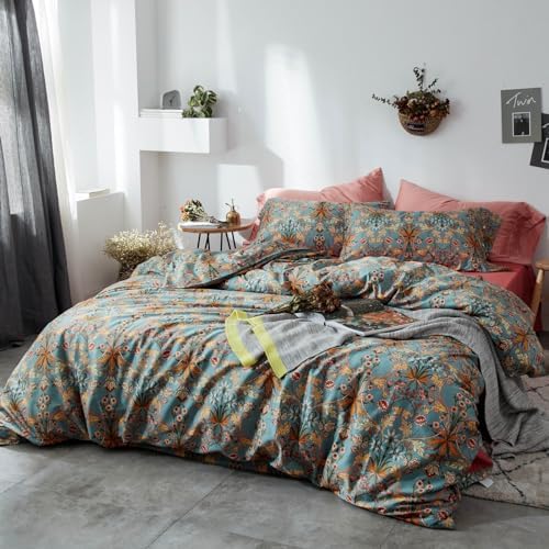 Green Flower Duvet Cover Set Twin,Aesthetic Boho Bedding Set Percale Cotton Royal Floral Comforter Cover with Zipper Closure