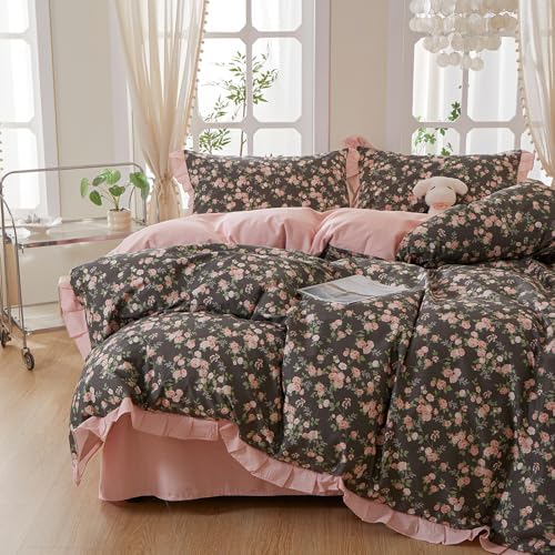 Vintage Floral Coquette Duvet Cover King, 3 Piece Blush Rose Cottagecore Flower Duvet Cover Romantic Ruffle Lace Bedding Set, 100% Cotton Chic Aesthetic Botanical Comforter Cover for Girls Women