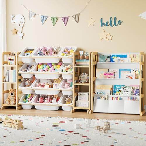 Toy Storage Organizer 12 Bins, 6 Shelves and Bookshelf for Kids, 4-in-1 Toy Organizers and Storage, Toy Book Storage for Kids, Kids Storage Organizer for Playroom, Bedroom, Nursery (Wood-Bookshelf)