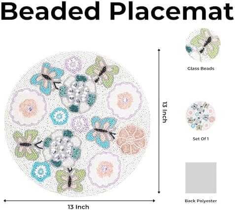 Beaded Round Placemats Set of 1, 13 Inch Butterfly Floral Ivory Multi