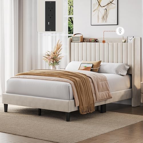 Yaheetech Full Bed Frame with Channel-Tufted Headboard, USB/AC Ports, Beige