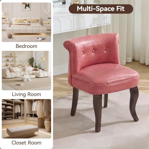 WUTUTUEE Leather Vanity Chair with Back, Tufted Upholstered Vanity Stool with Solid Wood Legs, Mid Century Small Makeup Chair for Vanity, Accent Chair for Bedroom, Living Room, Pink