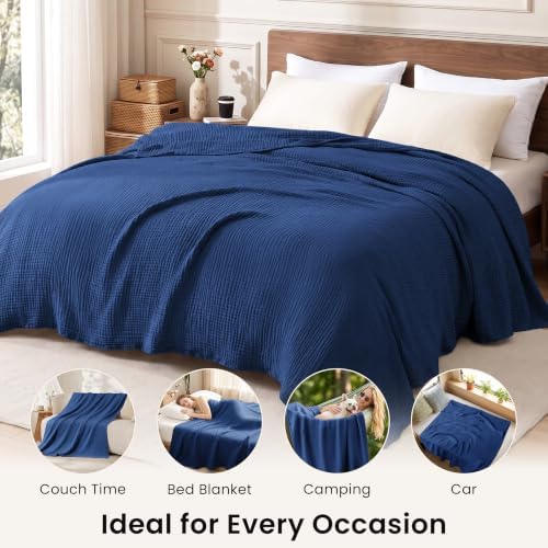 Love's cabin 100% Cotton Muslin Blanket King Size for Bed, Dark Blue
