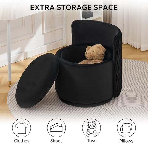 WUTUTUEE Large Velvet Vanity Chair with Storage, 360° Swivel Makeup Chair with Wave Back, No Assembly Small Accent Stool for Bedroom, Dressing, Living Room, Black