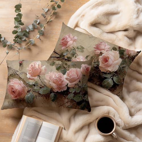 Vintage Pink Rose Floral Rectangle Pillow Throw Cover 20x12 Decor, Shabby Chic Rustic Cottagecore Decorative Throw Pillow Covers Double-Sided Set of 2