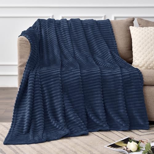 BEDELITE 3D Ribbed Navy Blue Fleece Throw Blanket for Couch, 50x60 Inch