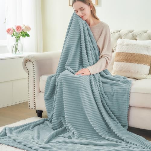 BEDELITE Ribbed Jacquard Grey Blue Fleece Twin Blanket for Couch, 60"x80"