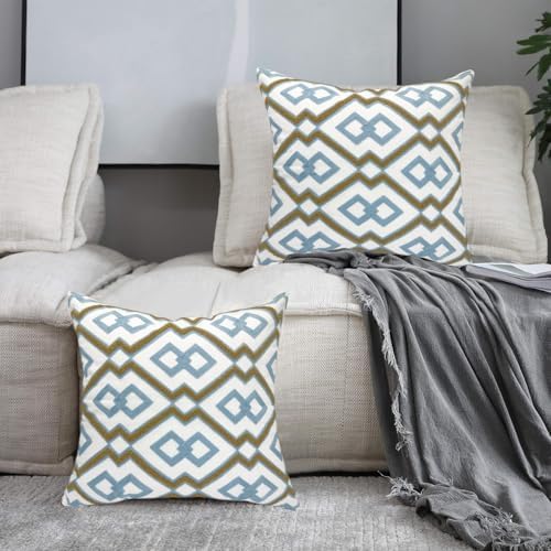 Alysheer Boho Embroidered Throw Pillow Cover 18"x18" Set of 2, Blue Khaki