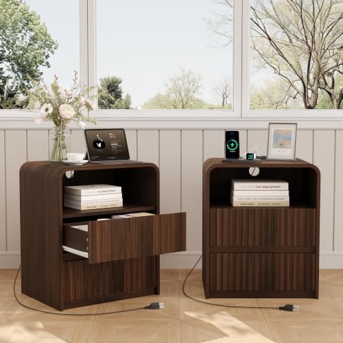 King Size Headboard with Nightstands, Boho Wood Head Board & Nightstand Set of 2 with Charging Station & LED Lights, Modern Fluted Wall-Mounted Bed Headboards for Bedroom, Height Adjustable, Walnut