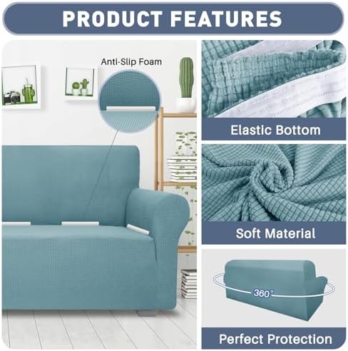 JIVINER High Stretch 1-Piece Jacquard Small Checks Couch Covers for 2 Cushion Couch Anti Slip Love Seat Sofa Covers Loveseat Slipcovers Protector for Kids Pets (Loveseat, Light Blue)