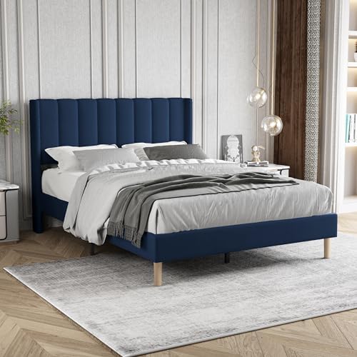 Full Size Bed Frame with Velvet Upholstered Headboard, Blue