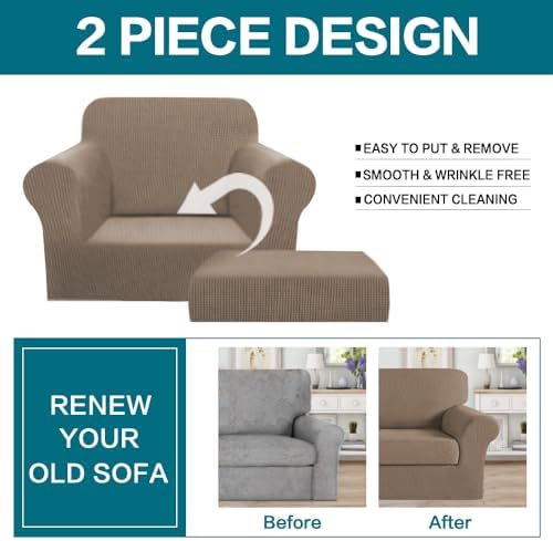 Turquoize 2 Piece Chair Covers Armchair Covers for Living Room Stretch Armchair Slipcovers Soft Chair Cover with Arms Feature Thick Jacquard Fabric, Machine Washable (Chair, Macchiato)
