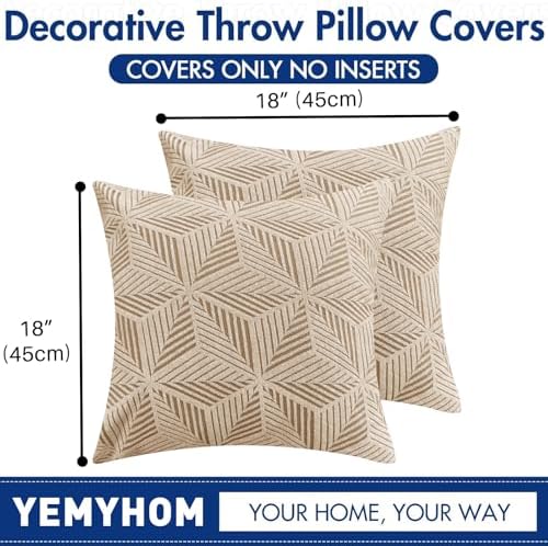 YEMYHOM Pack of 2 Throw Pillow Covers 18 x 18 Inch High Stretch Jacquard Pillowcase for Couch Sofa Living Room Home Decor, Khaki