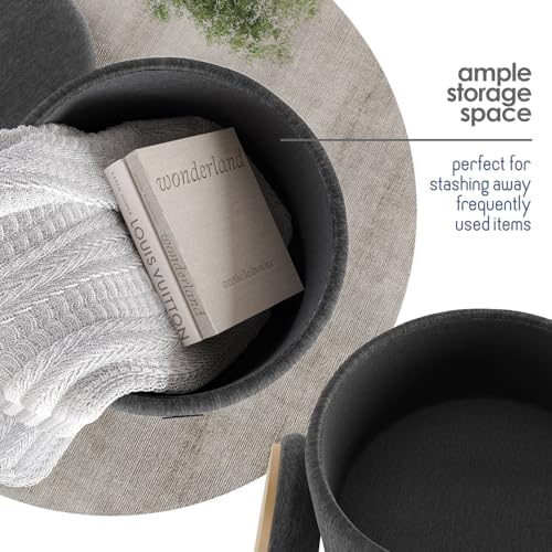 Round Ottoman with Storage, Textured Velvet Storage Ottoman, Foot Stool Ottomans, Makeup Vanity Stool, Small Ottomans Foot Rest, Modern Vanity Stools for Living Room and Bedroom, Grey