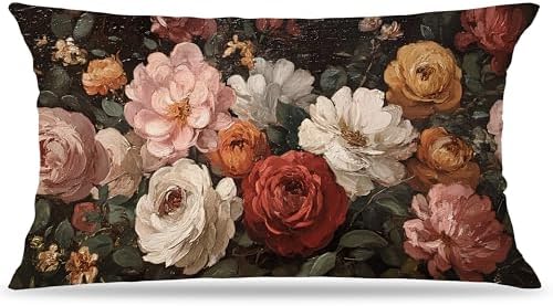 Vintage Moody Dark Floral Throw Pillow Covers 12x20,Rustic Farmhouse Decor,Dark Academia Flower Botanical Decorative Throw Pillow Covers for Home Bedroom Living Room Double-Sided