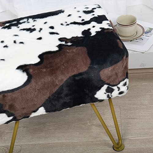 Cow Rectangle Faux Fur Ottoman 19"x13"x17" Soft Fuzzy Entryway Bench Seat Sturdy Accent Coffee Table for Living Room Make Up Vanity Shoe Stool with Golden Legs for Bedroom Closet Foot Rest